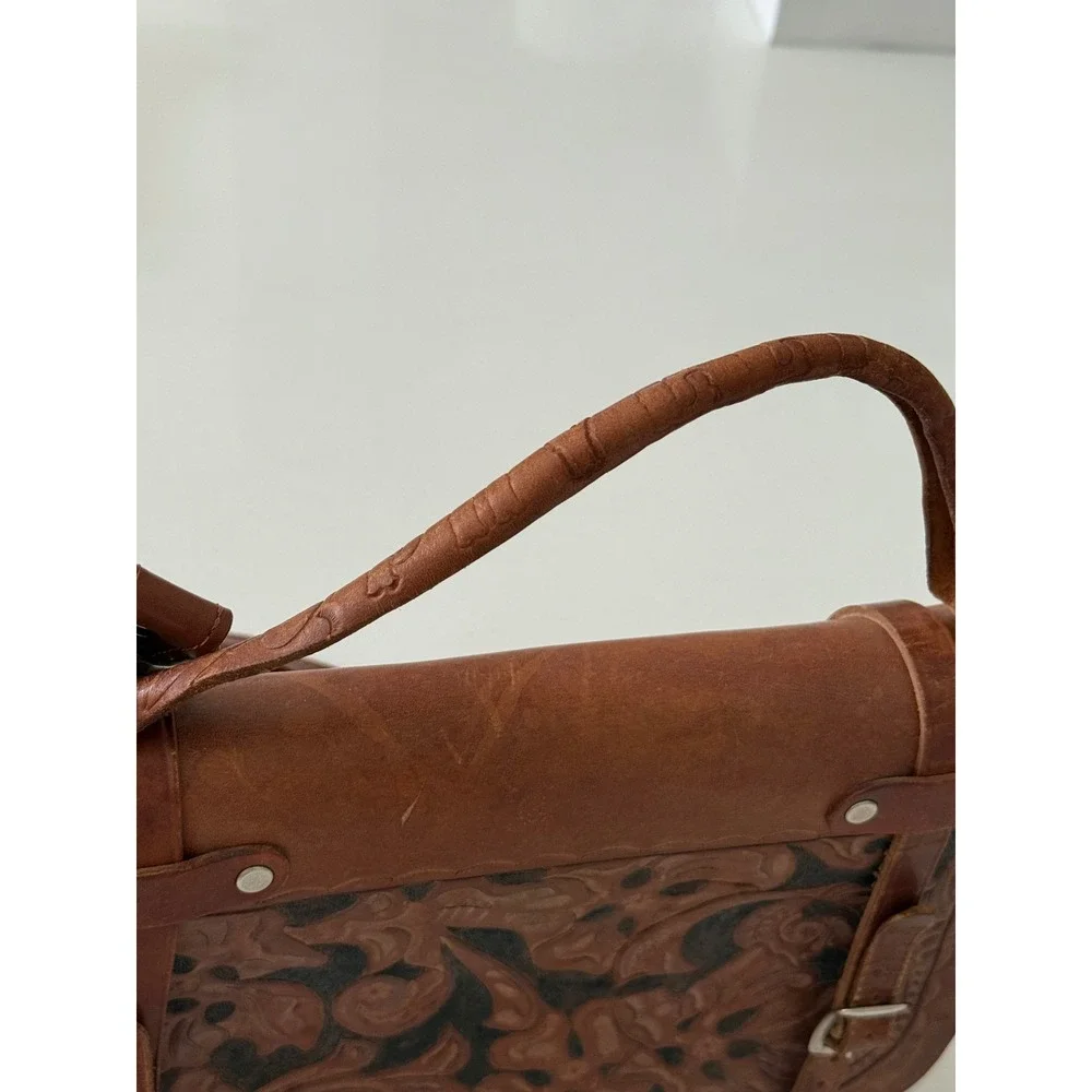 Vintage Hand Tooled Floral Leather Messenger Bag Brown Satchel Crossbody